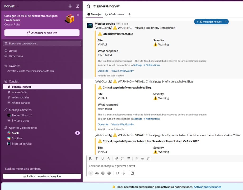 WebGuardly warning alerts posted in a Slack channel