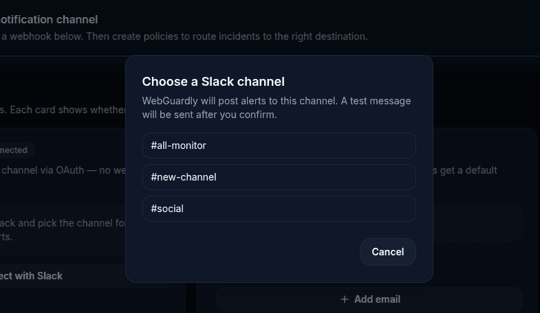 WebGuardly modal to choose a Slack channel for alerts