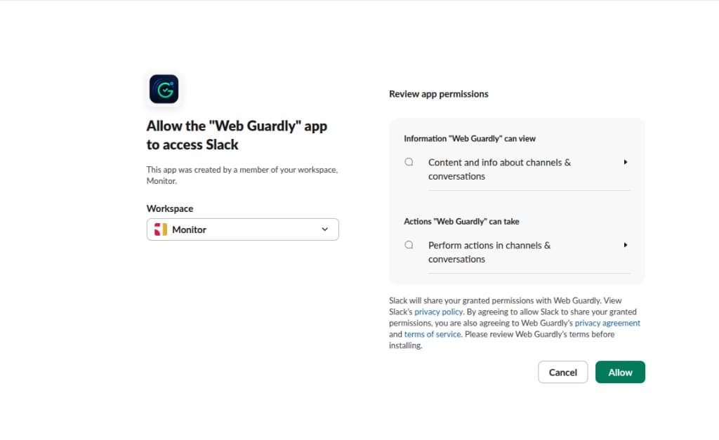 Slack OAuth screen asking to allow Web Guardly in the workspace